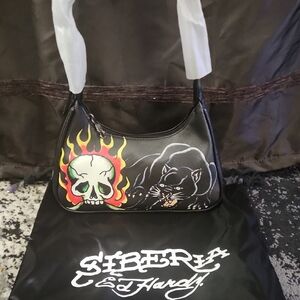 Ed Hardy Black Shoulder Bag with Flaming Skull & Panther Graphic NWOT.